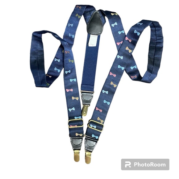 Gillmons Navy Blue Suspenders Preppy Bowtie Print Kentucky Derby - Picture 1 of 7